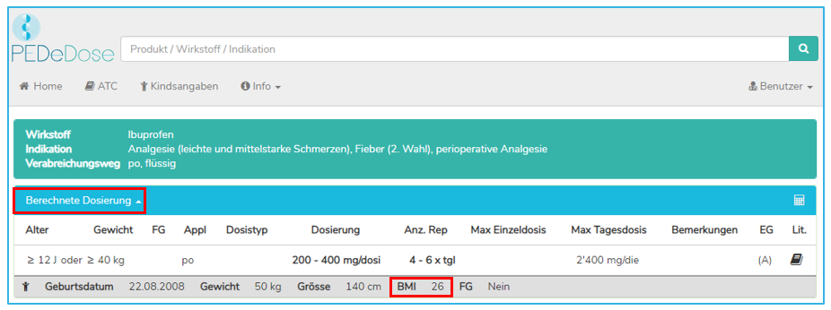Darstellung des BMI in PEDeDose
