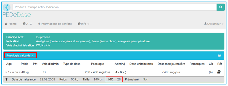 Représentation de l’IMC dans PEDeDose